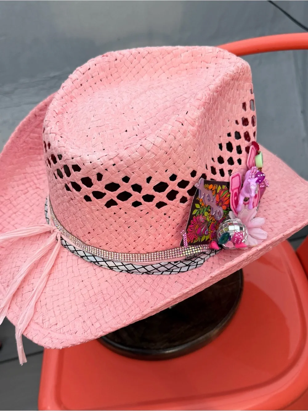 Pink Straw Cowboy Hat with Decorative Band